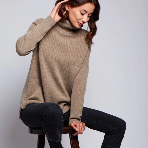 Pura Cashmere | Half Ribbed Turtleneck Sweater in Vintage Khaki - Picture 2 of 8